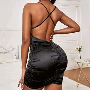 Black Draped Collar Ruched Satin Bodycon Dress. Size S(4)